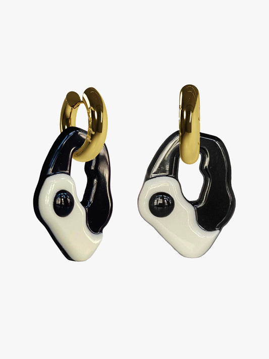 Yin Yang black white gold earring