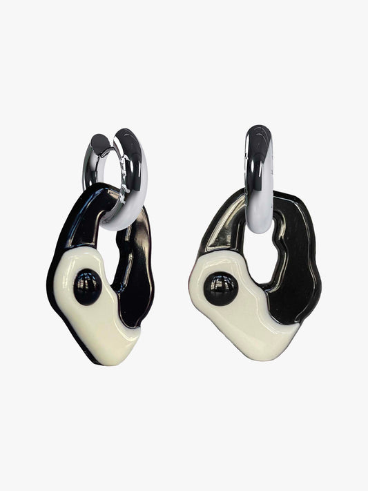 Yin Yang black white silver earring